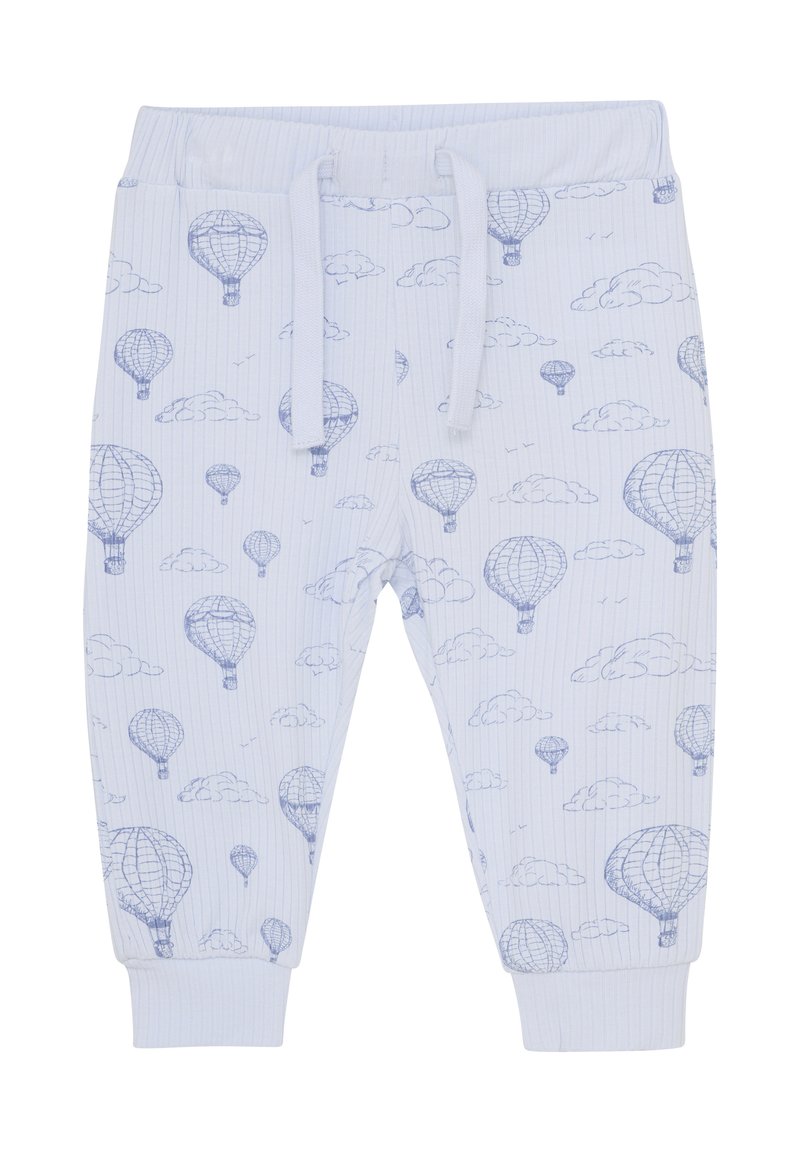 Ljusblå ribbade pyjamabyxor med tryckta varmluftsballonger och moln. Har midjeresår och mudd för en åtsittande passform.