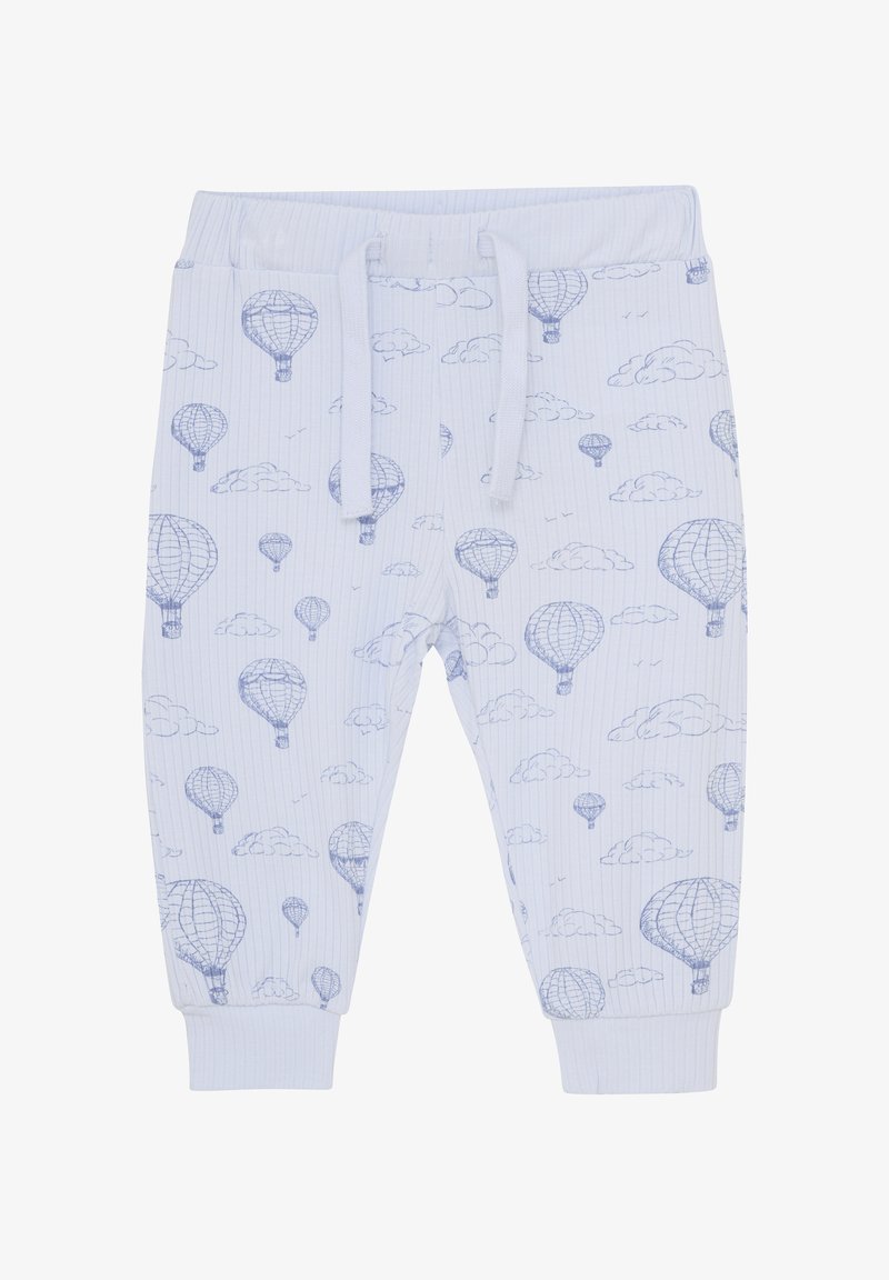Lichtblauwe ribgebreide pyjamabroek met gedrukte luchtballonnen en wolken. Beschikt over een elastische tailleband en boorden voor een goede pasvorm.