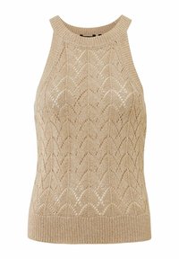 Beige stickad linne med hög halsringning, som har ett chevronmönster och ribbad fåll. Tillverkad av lätt, texturerad tyg.