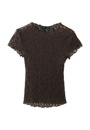 Schwarze Spitzenbluse mit kurzen Ärmeln, Blumenmuster, rundem Ausschnitt und wellenförmigen Abschlüssen an Ärmeln und Saum.