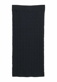Maglione a trecce in un profondo blu navy, con una vita a coste e modelli verticali testurizzati su tutta la superficie, realizzato in un morbido e caldo tessuto.