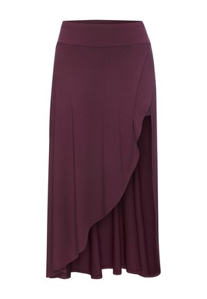 Mid-length dark purple skirt with a high waistband and a wrap-style asymmetric hemline.