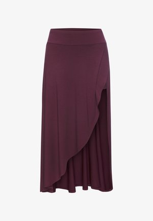 Mid-length dark purple skirt with a high waistband and a wrap-style asymmetric hemline.