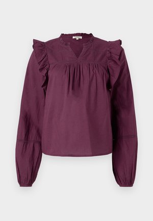T-shirt à manches longues de couleur prune avec des détails en volants le long des épaules et un décolleté en V, comportant des poignets élastiqués pour un ajustement décontracté.