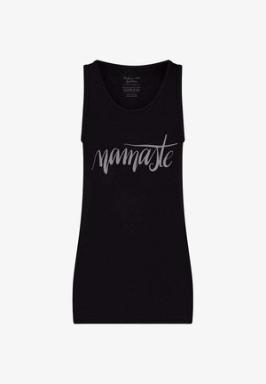 Zwarte tanktop van zacht materiaal, met een zilveren scriptontwerp "namaste" over de borst. Mouwloos met een ronde halslijn.