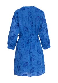 Blue embroidered robe with floral pattern, long sleeves, and a belt. Sheer fabric with textured accents, mid-calf length.