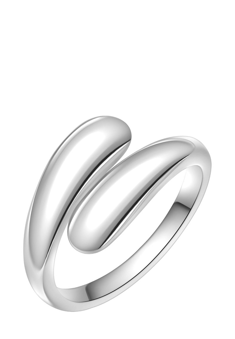 Silver double-banded ring with smooth, rounded shapes and a polished finish. The design features a minimalist, contemporary style.