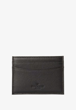 Black textured leather cardholder with multiple card slots and discreet embossed Hackett London logo at the front center.