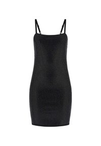 Black bodycon dress with thin straps, featuring a textured design of small silver studs evenly distributed across the fabric.