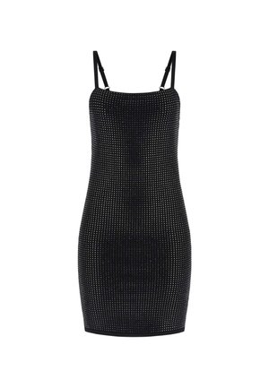 Zwart bodycon jurk met dunne bandjes, met een gestructureerd ontwerp van kleine zilveren studs gelijkmatig verdeeld over de stof.