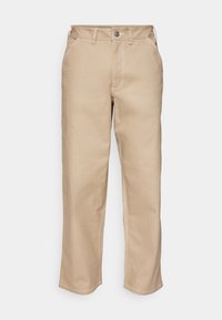 Beiga bomullsbyxor med rak bendesign, med kontrasterande sömmar, knappstängning och bältesöglor. Inga mönster eller dekorationer.