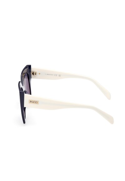 Sunglasses with a glossy navy front frame, white temples, gold logo accent, and dark tinted lenses. Features sleek, modern design.