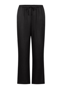 Zwarte broek met een comfortabele pasvorm, voorzien van een trekkoord in de taille, een zachte textuur en verticale plooidetails langs de benen.