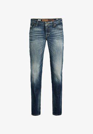 Jeans blu denim a taglio slim con effetto sbiadito, leggere sfumature di usura e cuciture a contrasto. Presentano una chiusura con bottoni e cinque tasche.