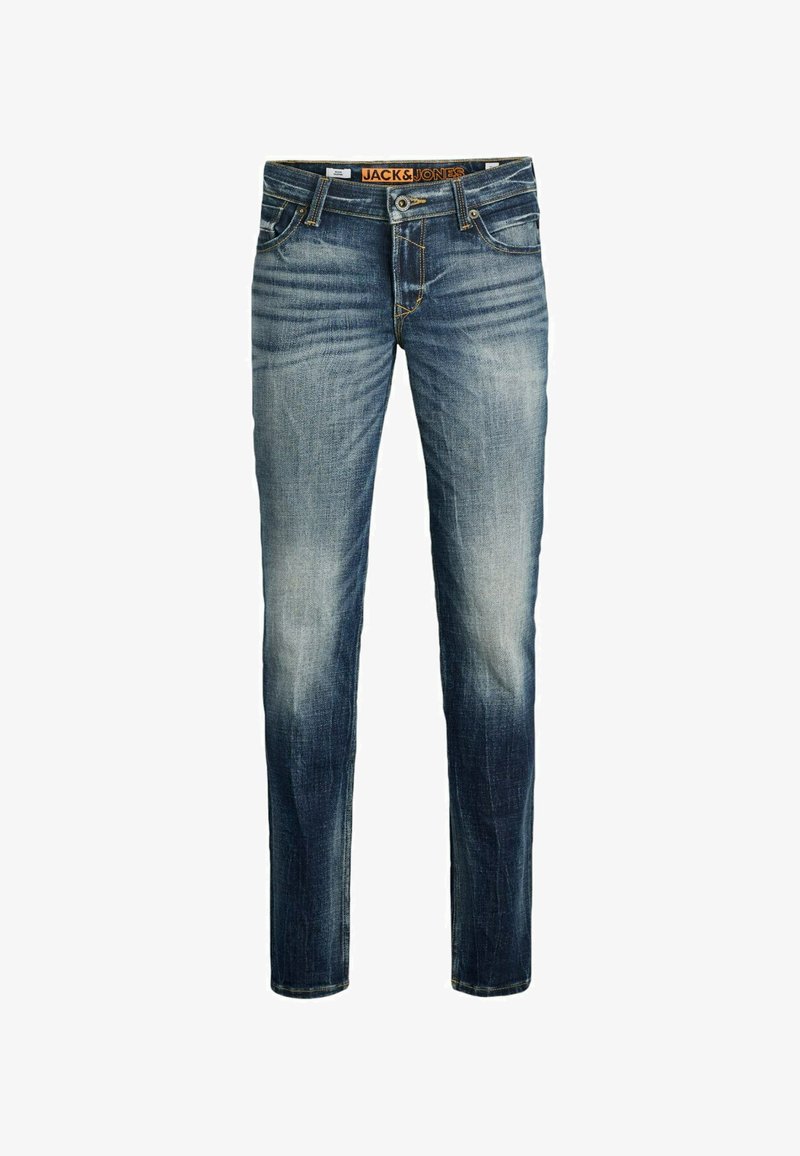 Jeans blu denim a taglio slim con effetto sbiadito, leggere sfumature di usura e cuciture a contrasto. Presentano una chiusura con bottoni e cinque tasche.