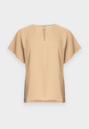 Bež bluza s izrezom u obliku ključane rupe i kratkim, širokim rukavima. Glatki materijal s ležernim krojem i ravnim rubom. Minimalistički dizajn.