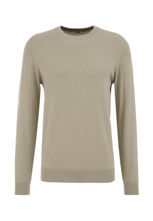 Suéter de punto beige de manga larga con cuello redondo. Fabricado en material de punto suave; cuenta con puños y dobladillo acanalados. Diseño simple y minimalista.