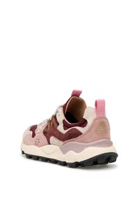 Multicolor sneaker with a pink, burgundy, and cream suede upper, mesh panels, laces, and a thick white sole. Features a rear pull tab.