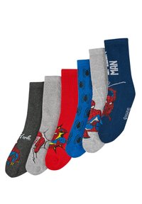 Set di sei calzini con design di Spider-Man della Marvel in grigio, rosso, blu e blu scuro. Materiale in cotone con diversi stampe grafiche.