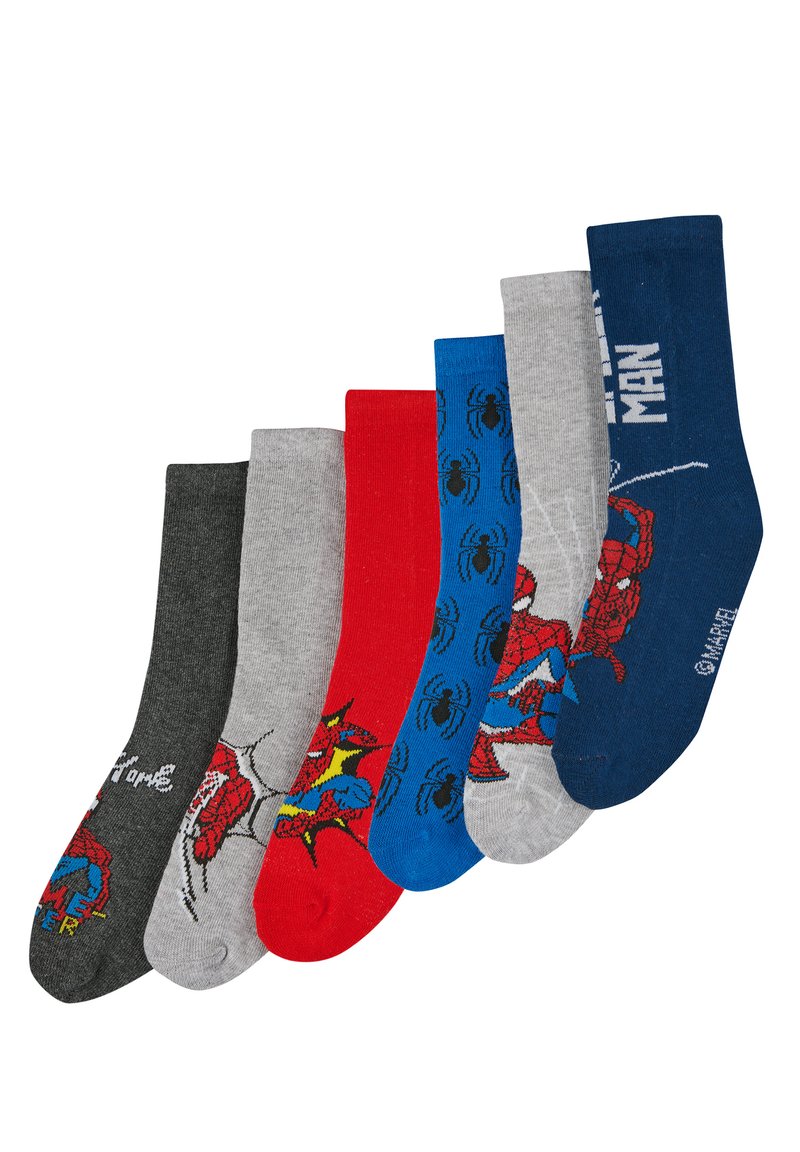 Set di sei calzini con design di Spider-Man della Marvel in grigio, rosso, blu e blu scuro. Materiale in cotone con diversi stampe grafiche.