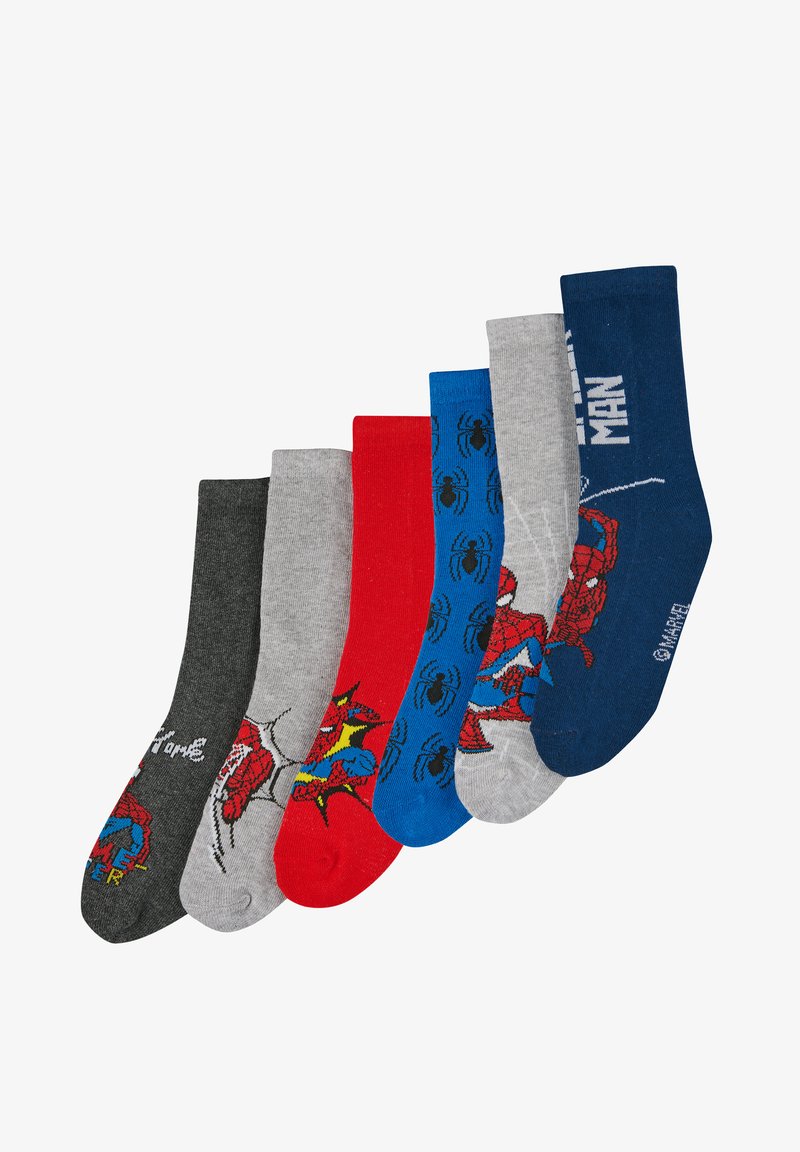 Set aus sechs Socken mit Marvel Spider-Man Designs in Grau, Rot, Blau und Marineblau. Aus Baumwollmaterial mit verschiedenen grafischen Drucken.