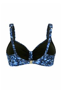 Blå blommig mönstrad BH med svart foder, justerbara band och framstängning. Har samlad tyg och metallic detaljer.