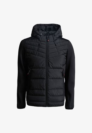 Chaqueta de puffer negra con capucha, que presenta un frente acolchado, mangas lisas, bolsillos con cremallera y cordones ajustables.