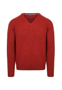 Roter V-Ausschnitt-Pullover mit langen Ärmeln für Herren, mit gerippten Bündchen und Saum, dargestellt vor einem weißen Hintergrund.