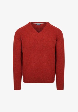 Rode V-hals trui met lange mouwen voor heren, met geribbelde manchetten en zoom, weergegeven op een witte achtergrond.