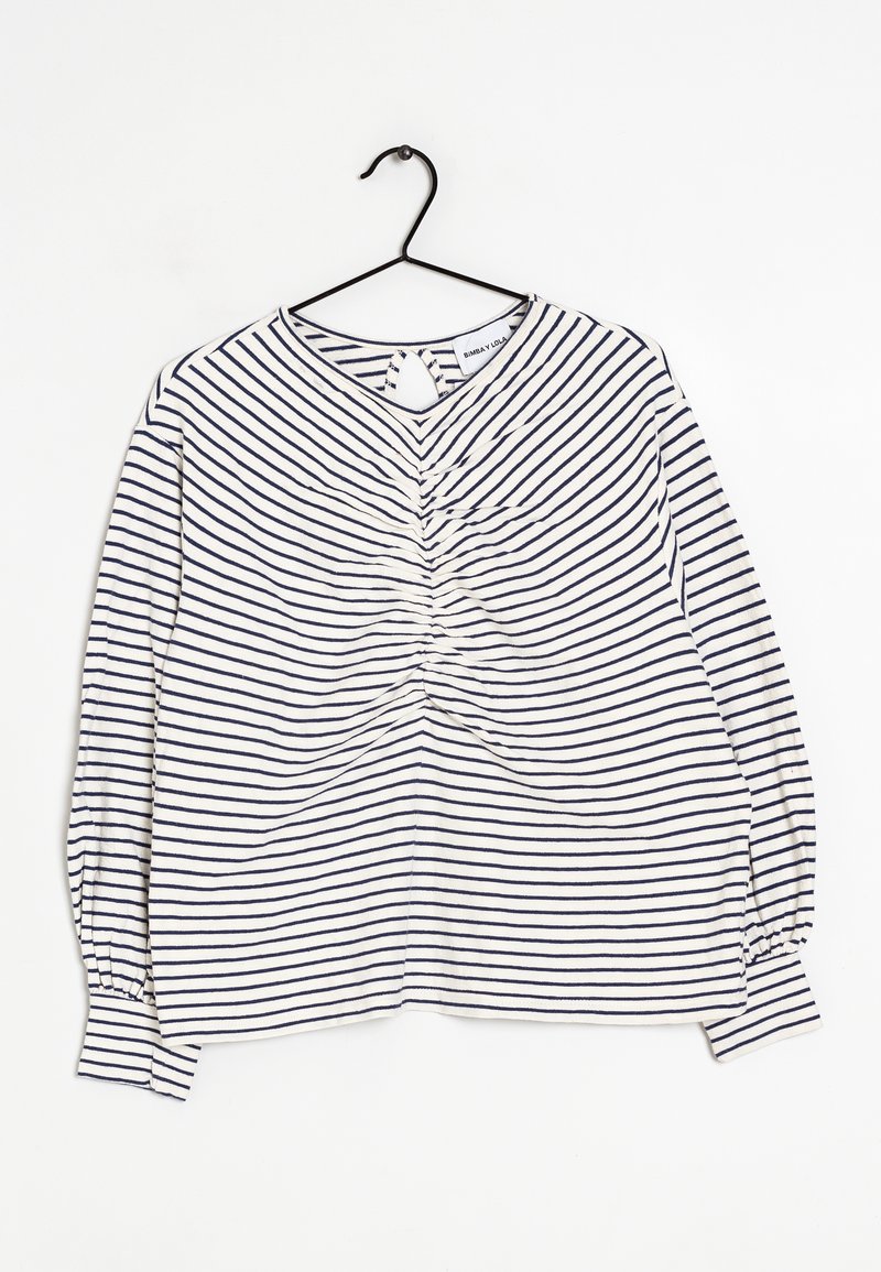 Camisa de manga larga a rayas en colores azul marino y blanco, con un diseño fruncido en la parte delantera y una abertura en forma de lágrima en la parte trasera.