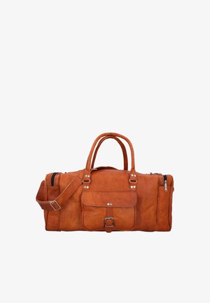 Brown leather duffel bag with front buckle pocket, dual handles, adjustable shoulder strap, and zippered side compartments.
