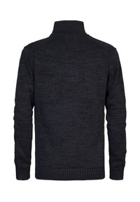 Pulover în nuanță închisă de bleumarin cu guler înalt, mansete și tiv cu nervuri. Țesătura texturată are un model subtire. Vedere din spate, fără buzunare.