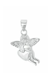 Zilveren engelvormige hanger met gedetailleerde vleugels, die een hart en een klein vogeltje vasthoudt, bevestigd aan een gladde sluiting.