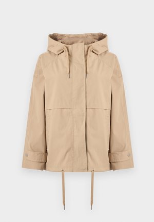 Μπεζ ζακέτα με κουκούλα και φερμουάρ μπροστά, ρυθμιζόμενα κορδόνια στην κουκούλα και στο τελείωμα, μακριά μανίκια με κουμπιά πατιλέτα και δύο πλαϊνές τσέπες.