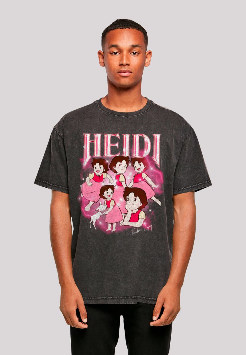 Black oversized t-shirt featuring a colorful graphic of animated characters from "Heidi," with bold text above and a soft texture.