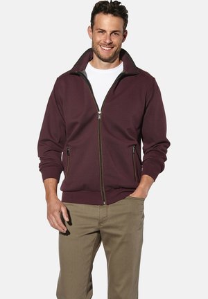 Burgunderfarbene Zip-Jacke mit hohem Kragen, frontalen Taschen, gerippten Bündchen und glatter Textur, kombiniert mit hellen Khakihosen.