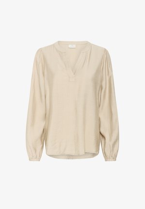 Beige Bluse mit langen Ärmeln und V-Ausschnitt, gerafften Ärmeln und strukturiertem Finish. Leichter Stoff mit lockerer Passform und leichtem Glanz.