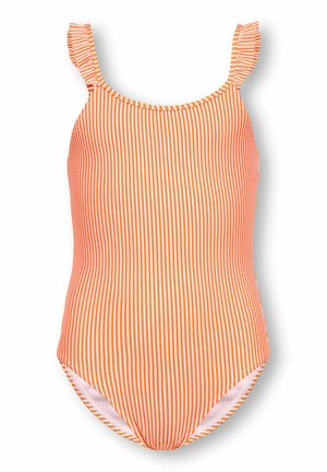 Maillot de bain une pièce rayé verticalement orange et blanc avec bretelles à volants, conçu pour les enfants.