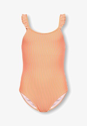 Maillot de bain une pièce rayé verticalement orange et blanc avec bretelles à volants, conçu pour les enfants.