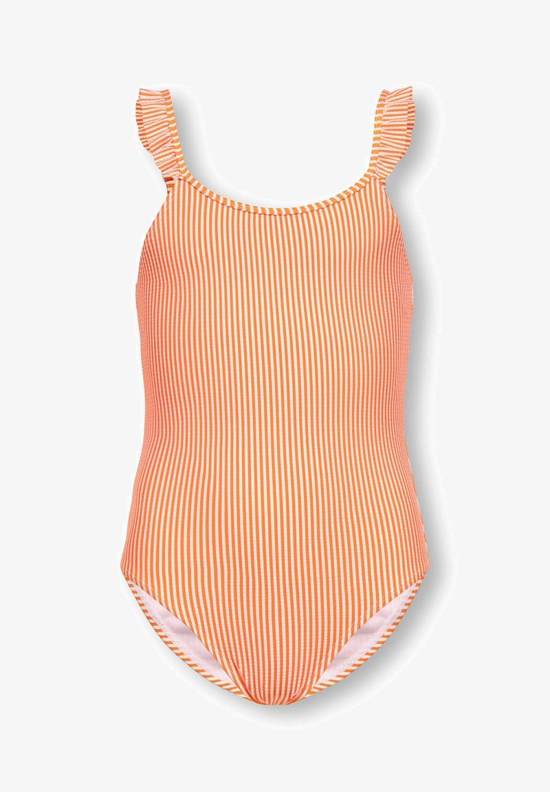 Maillot de bain une pièce rayé verticalement orange et blanc avec bretelles à volants, conçu pour les enfants.