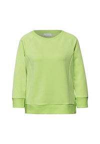 Sudadera verde clara con cuello redondo, mangas largas raglán, puños acanalados y textura suave. Diseño sencillo sin estampados.