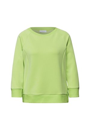 Sudadera verde clara con cuello redondo, mangas largas raglán, puños acanalados y textura suave. Diseño sencillo sin estampados.