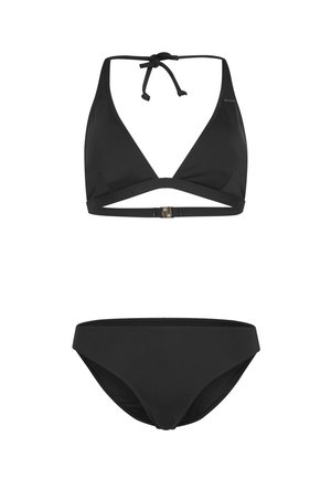Zwart bikini set met een driehoekig bovenstuk met verstelbare halsband en achterkant knoop, en bijpassende low-rise onderkant met een gladde textuur.