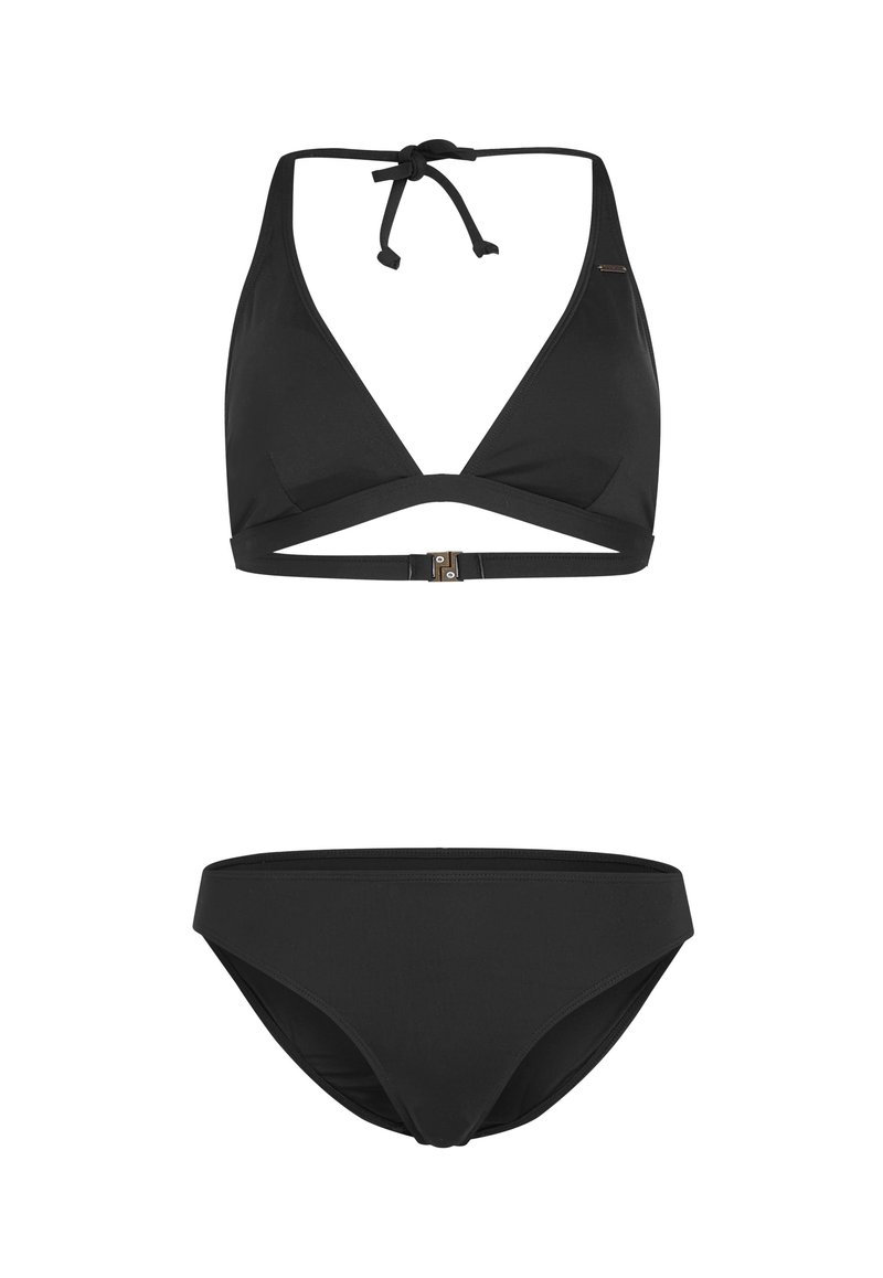 Czarny zestaw bikini z trójkątnym stanikiem z regulowanym wiązaniem na szyi i zapięciem z tyłu oraz pasującymi majtkami o niskim stanie i gładkiej fakturze.