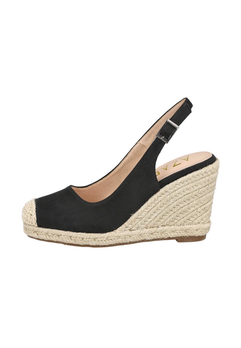 Zapato de cuña de ante negro con punta redondeada, plantilla de yute, correa ajustable en el tobillo y un forro interior suave.