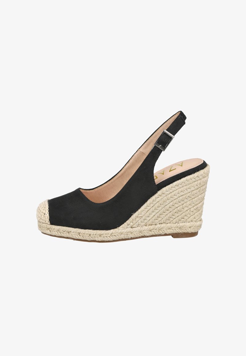 Zapato de cuña de ante negro con punta redondeada, plantilla de yute, correa ajustable en el tobillo y un forro interior suave.