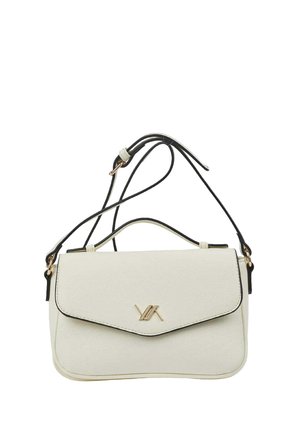 White rectangular handbag with flap closure, gold logo detail, black trim, top handle, and adjustable shoulder strap.