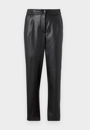 Sorte læderbukser med en glat tekstur, lige pasform, elastisk talje og en lynlåslukning foran; plisserede detaljer og tætsiddende ben.