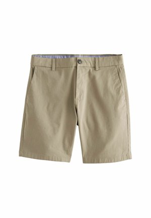 Beżowe szorty wykonane z miękkiego materiału, posiadające przednie kieszenie, zapięcie na guzik oraz jaśniejszy pas. Gładka tekstura, dopasowany krój.