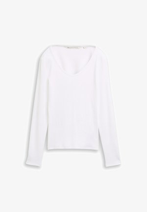 Fehér, hosszú ujjú felső, lekerekített nyakkivágással, bordázott textúrával és egyenes aljjal. Puha, könnyű anyagból készült.